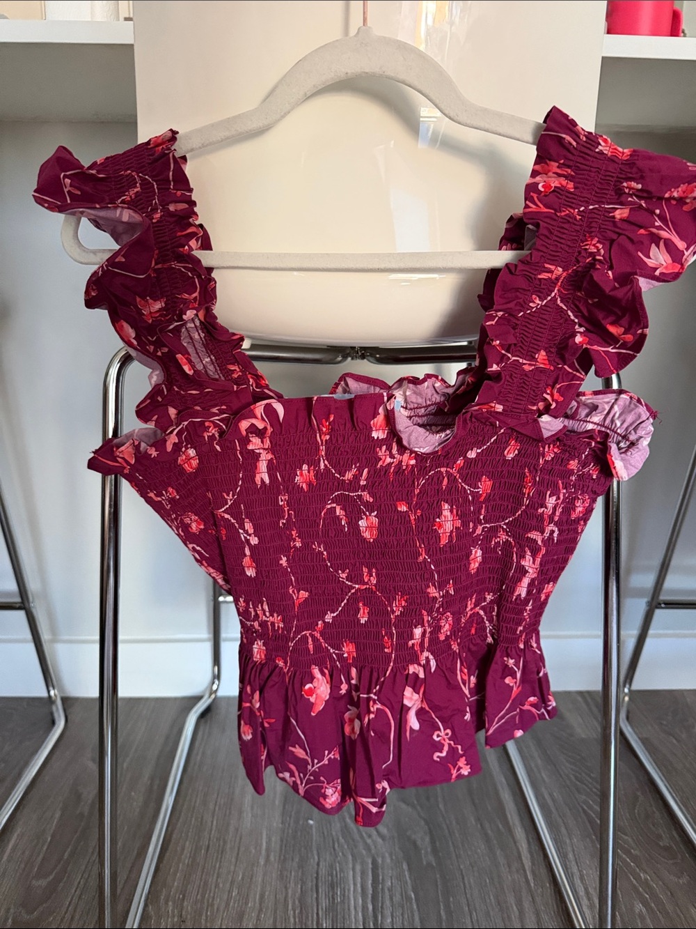 Hill House Home Women's Floral Smocked Ruffle Tank Top - Burgundy